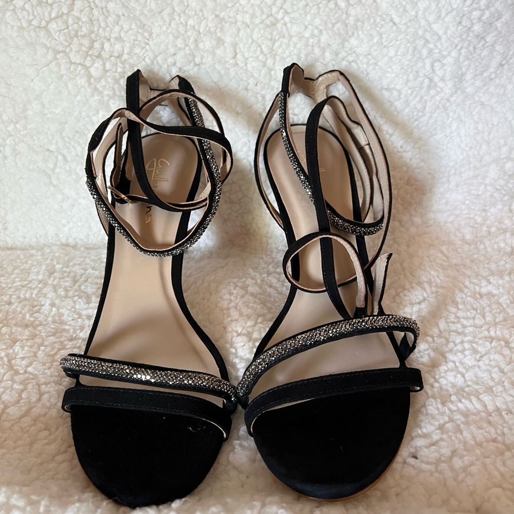 Black Strappy Ankle-Tie Sandals with Rhinestone Detail